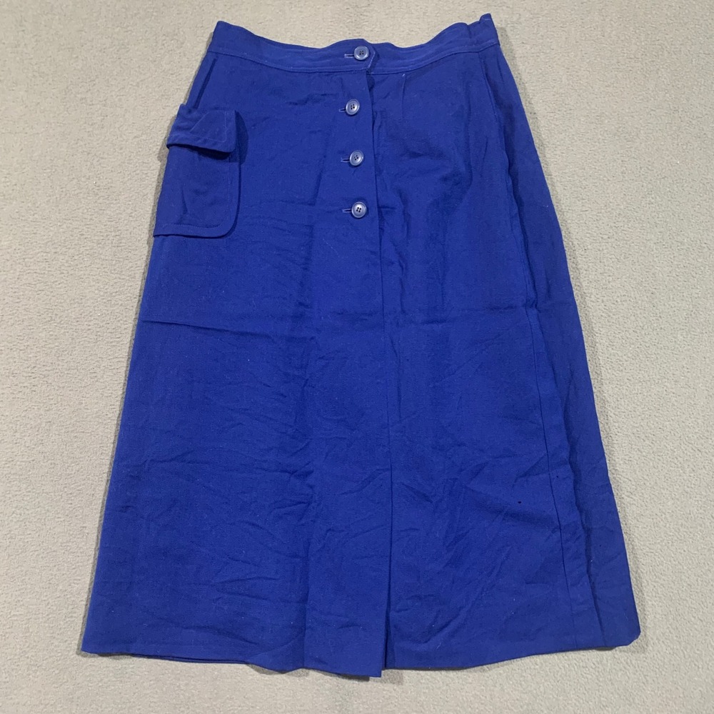 Vintage Handmacher Royal Blue Button Front Midi Skirt Side Pocket Wool 25 Waist